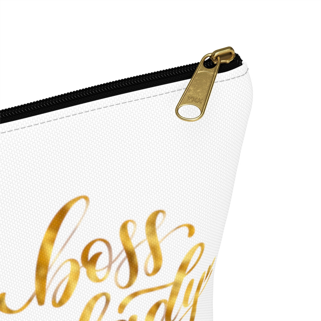White & Gold Boss Lady Makeup & Accessory Pouch w T-bottom - Fearless Confidence Coufeax™