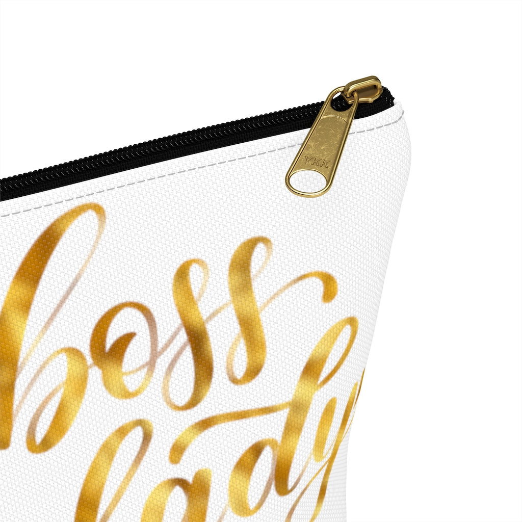 White & Gold Boss Lady Makeup & Accessory Pouch w T-bottom - Fearless Confidence Coufeax™