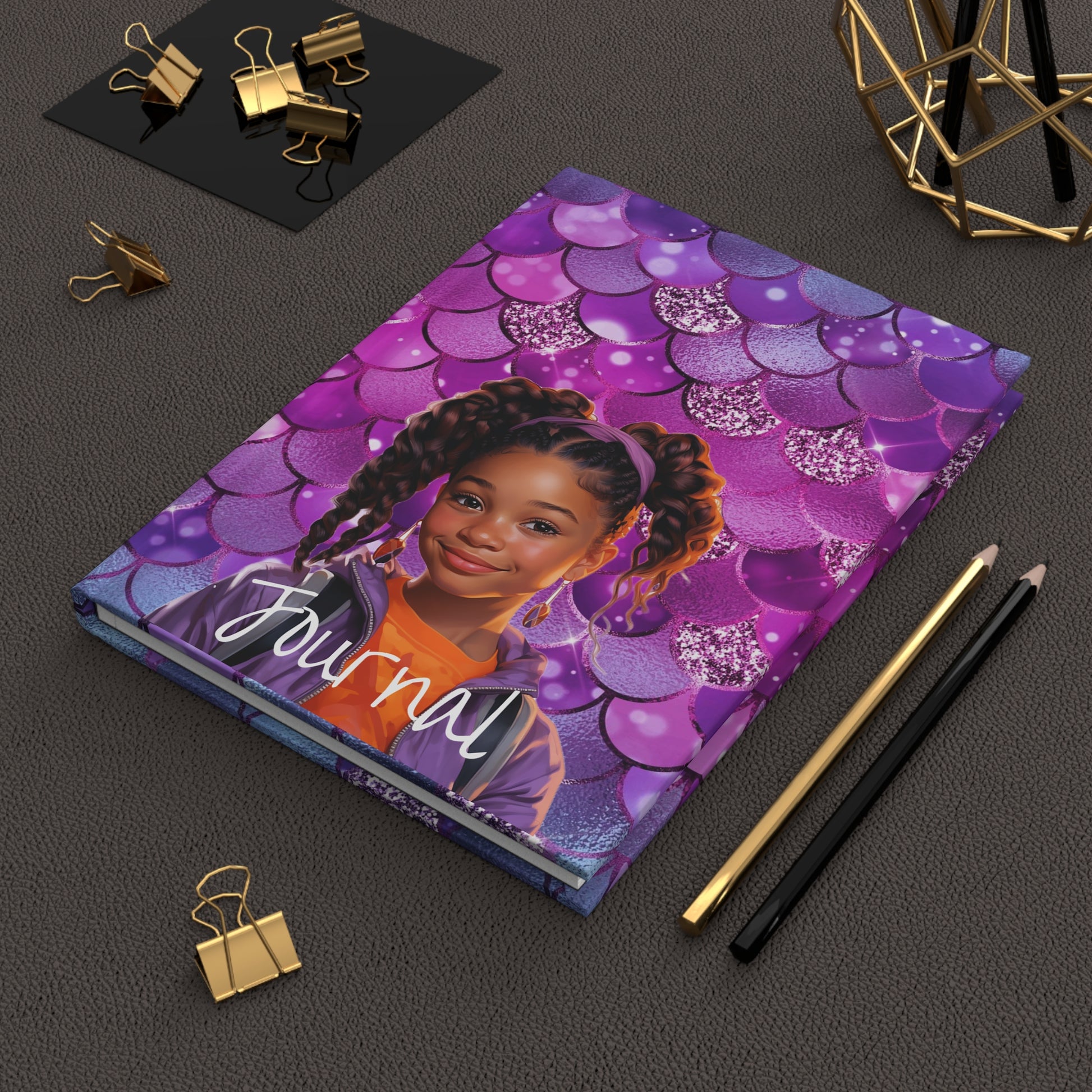 Purple Mermaid Scales & African American Girl Hardcover Journal - Fearless Confidence Coufeax™