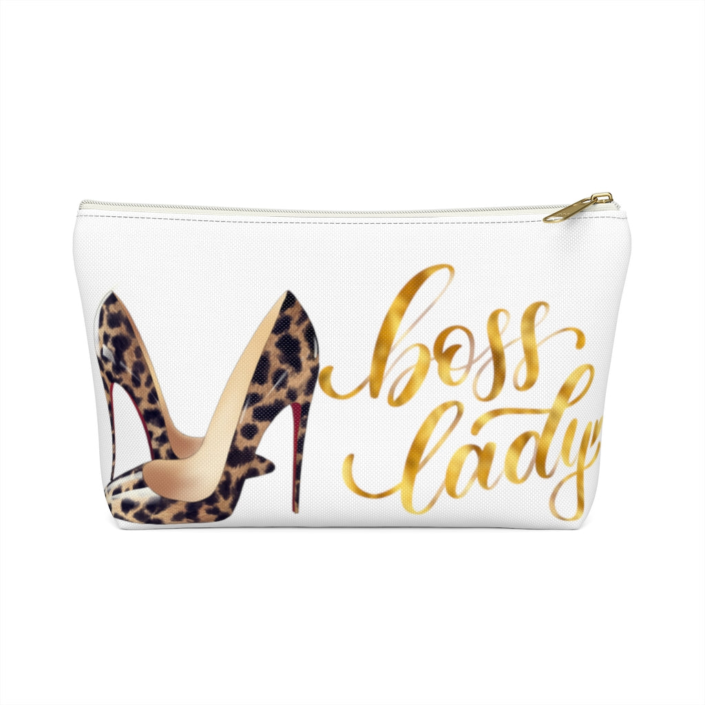 White & Gold Boss Lady  Makeup & Accessory Pouch w T-bottom - Fearless Confidence Coufeax™