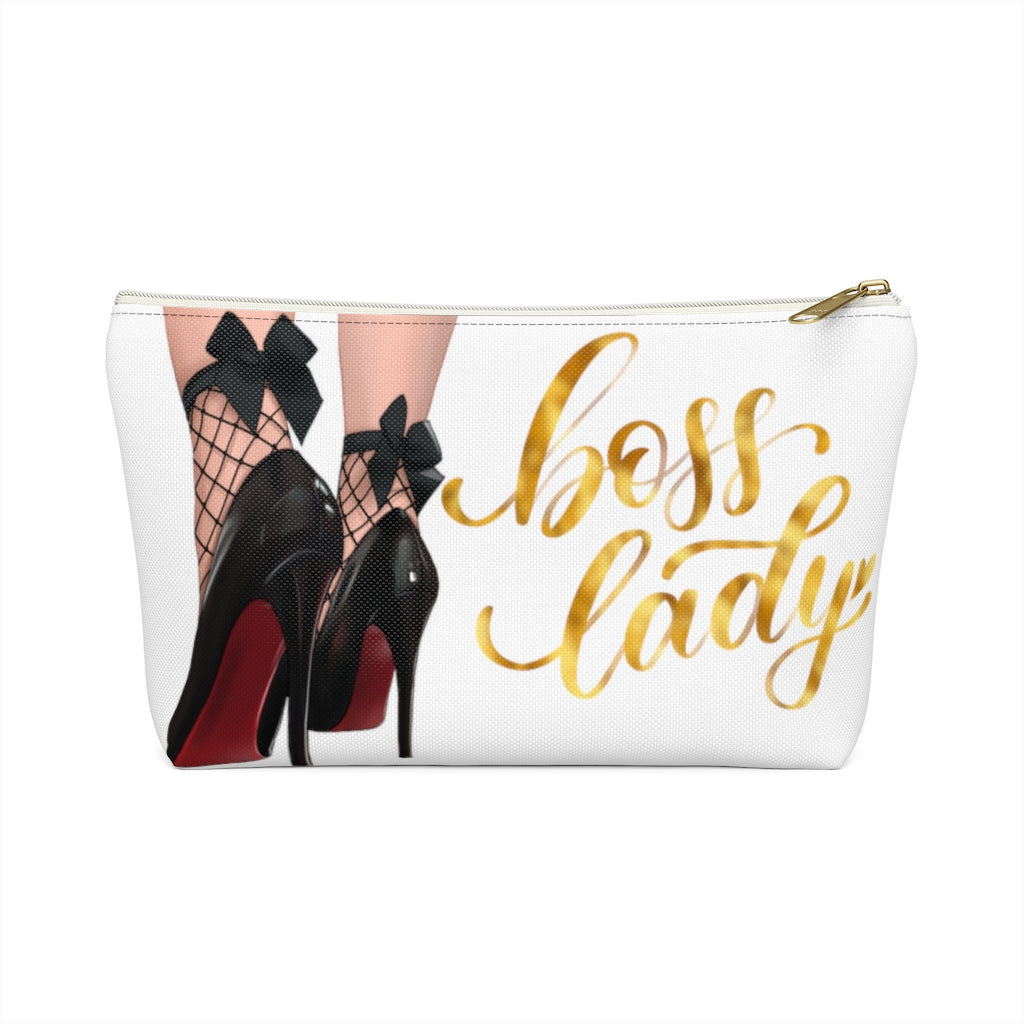 White & Gold Boss Lady  Makeup & Accessory Pouch w T-bottom - Fearless Confidence Coufeax™