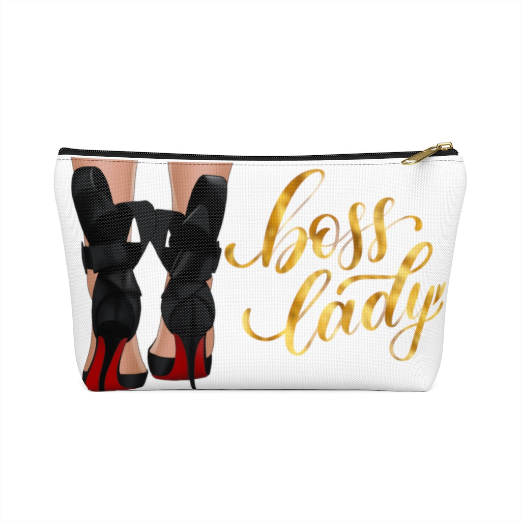 White & Gold Boss Lady  Makeup & Accessory Pouch w T-bottom - Fearless Confidence Coufeax™