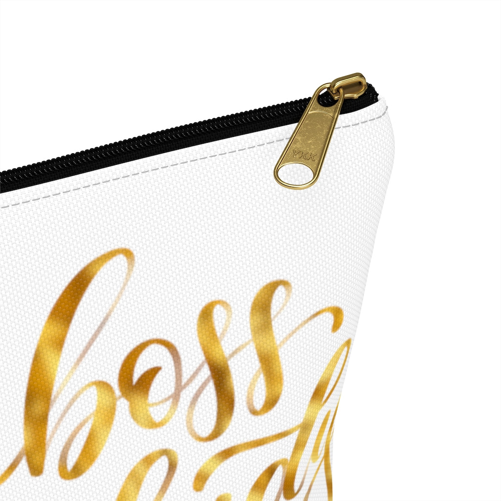 White & Gold Boss Lady  Makeup & Accessory Pouch w T-bottom - Fearless Confidence Coufeax™