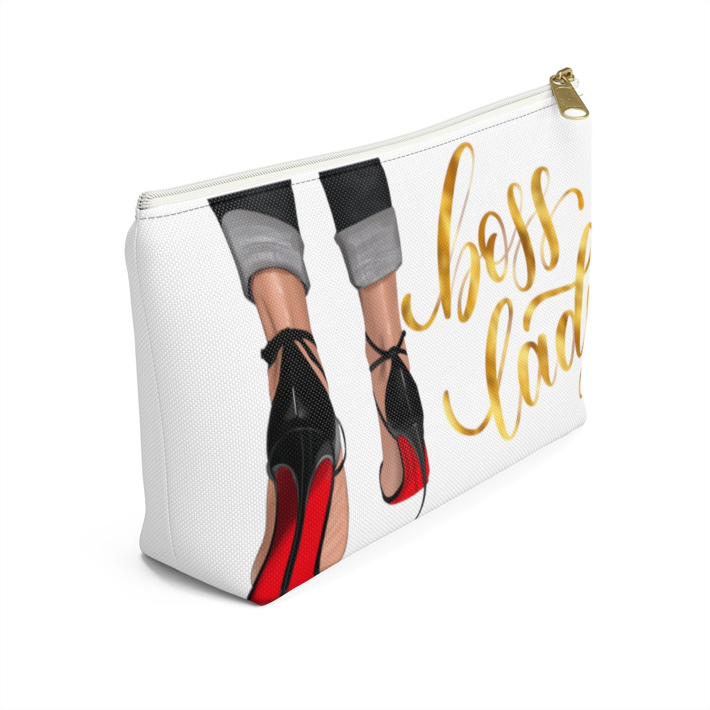 Whit & Gold Boss Lady  Makeup & Accessory Pouch w T-bottom - Fearless Confidence Coufeax™