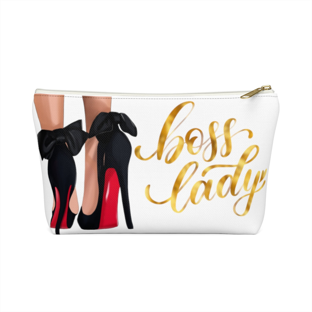 White & Gold Boss Lady  Makeup & Accessory Pouch w T-bottom - Fearless Confidence Coufeax™