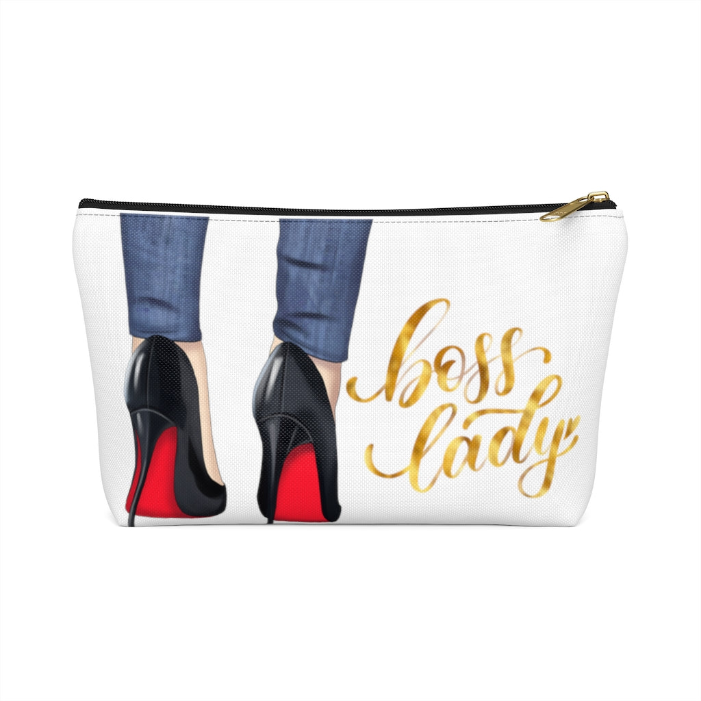 White & Gold Boss Lady  Makeup & Accessory Pouch w T-bottom - Fearless Confidence Coufeax™