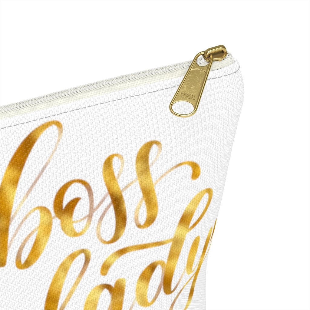 White & Gold Boss Lady  Makeup & Accessory Pouch w T-bottom - Fearless Confidence Coufeax™