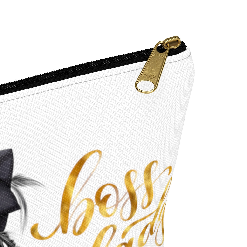 White & Gold Boss Lady  Makeup & Accessory Pouch w T-bottom - Fearless Confidence Coufeax™