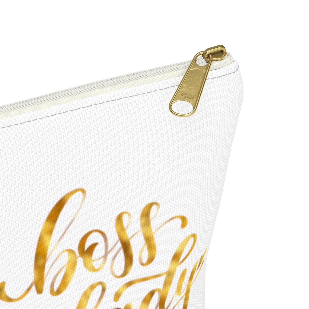 White & Gold Boss Lady  Makeup & Accessory Pouch w T-bottom - Fearless Confidence Coufeax™