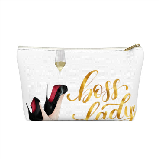 White & Gold Boss Lady  Makeup & Accessory Pouch w T-bottom - Fearless Confidence Coufeax™