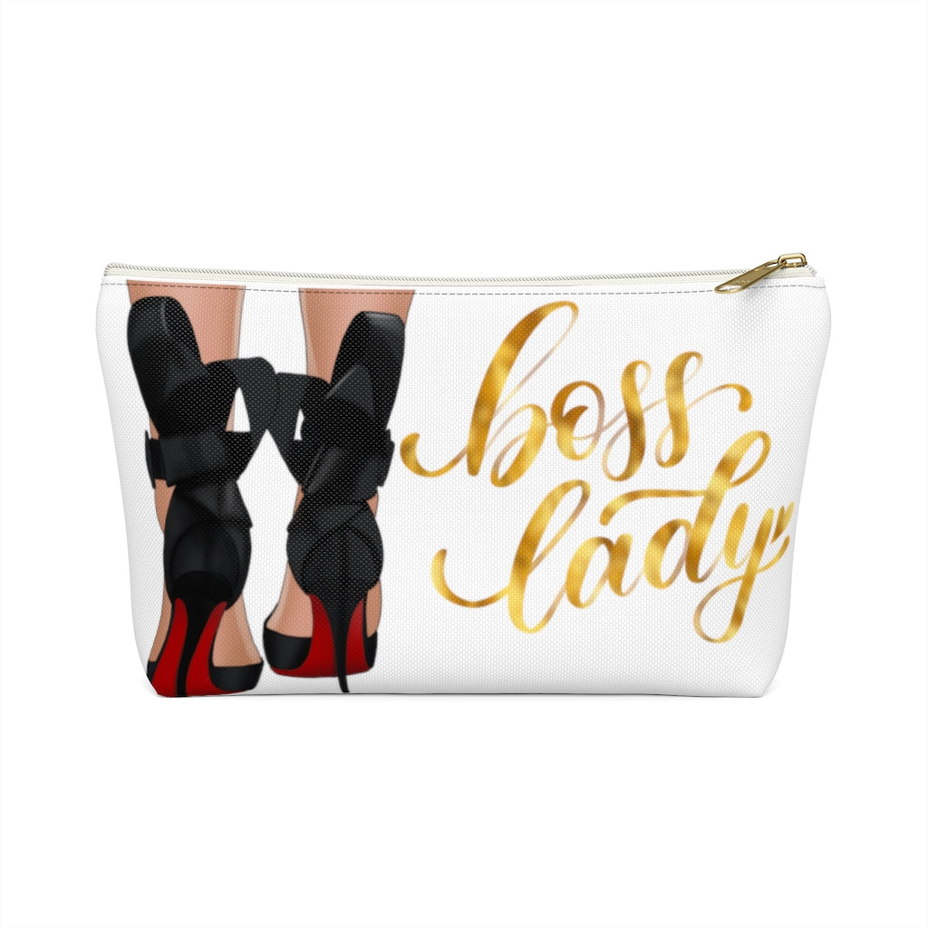 White & Gold Boss Lady  Makeup & Accessory Pouch w T-bottom - Fearless Confidence Coufeax™