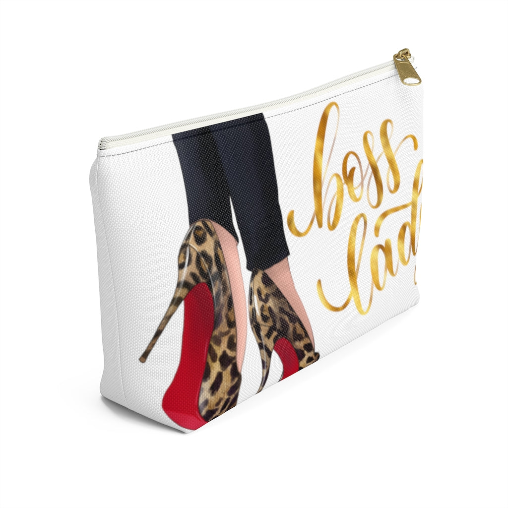 White & Gold Boss Lady  Makeup & Accessory Pouch w T-bottom - Fearless Confidence Coufeax™