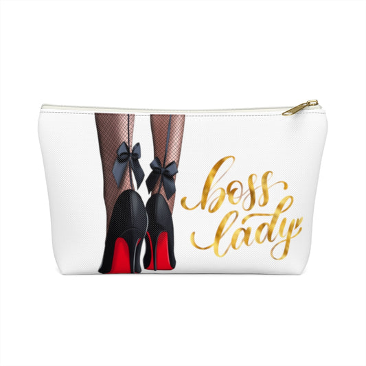 White & Gold Boss Lady  Makeup & Accessory Pouch w T-bottom - Fearless Confidence Coufeax™