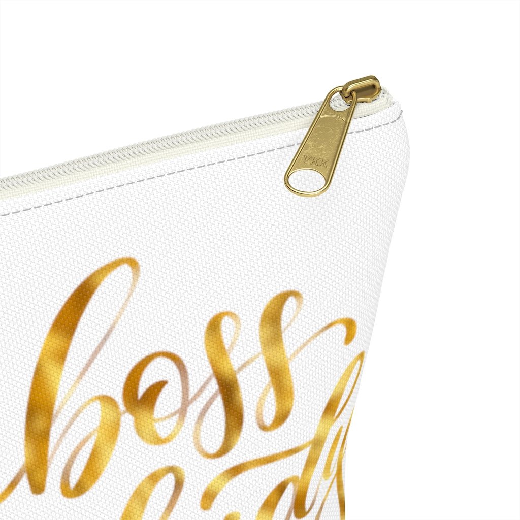 White & Gold Boss Lady  Makeup & Accessory Pouch w T-bottom - Fearless Confidence Coufeax™