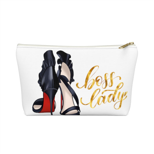 White & Gold Boss Lady  Makeup & Accessory Pouch w T-bottom - Fearless Confidence Coufeax™