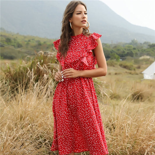 Dot Print Butterfly Sleeve Ruffles Dress - Fearless Confidence Coufeax™